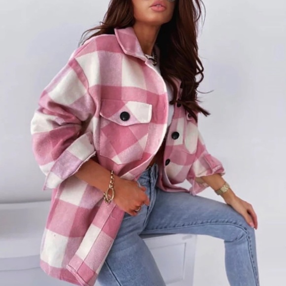 Beautiful Soft Comfy Cream Pink Plaid Checker Cozy Brush Button Pocket Shacket - Picture 6 of 8